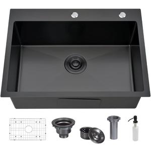 304 Stainless Steel Black Bar Sink, 24 X 18 Inch Drop In RV Kitchen Sink Modern Deep Single Bowl Topmount Wet Workstation Sink with Dish Grid & Drain, 24"x18"x9"