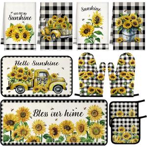 10 Pcs Sunflower Marble Kitchen Decor Oven Mitts Pot Holders 2 Kitchen Rugs and 4 Towels for Cooking Baking Mom Gift Home Decor(Sunflower)