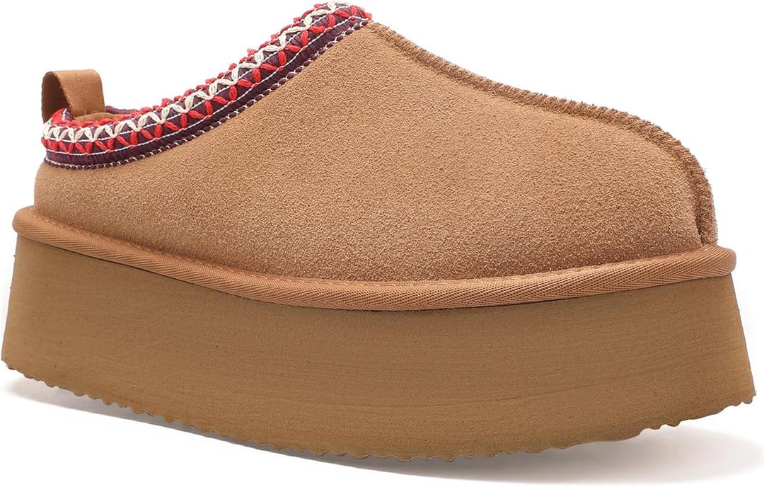 Women's Platform Fuzzy Cozy Slippers Genuine Suede Water Resistant Winter Platform Mini Boots with Memory Foam and Faux Fur Lining Comfy Fuzzy Clogs (7.5, Brown)