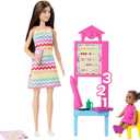 Barbie Teacher with Brunette Fashion Doll with Printed Dress, 1 Toddler Doll, & Teaching Accessories