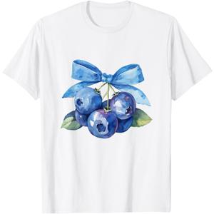Coquette Bow with Blueberry Kawaii Charm Tee T-Shirt (White, XS)