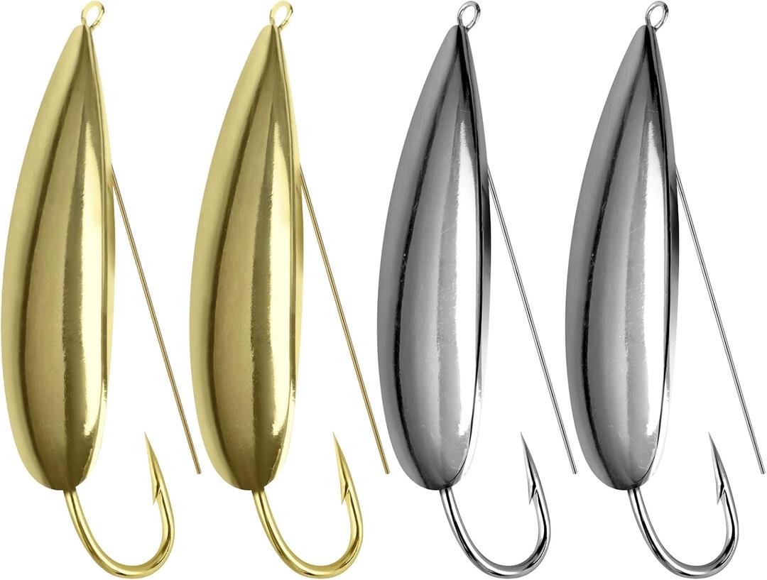 QualyQualy Weedless Spoon Fishing Lures for Saltwater, Minnow Fishing Spoon Hard Bait for Redfish Bass Tourt Northern Pike, 4PCS (3.4in-4/7oz, Gloden & Silver-4Pack)