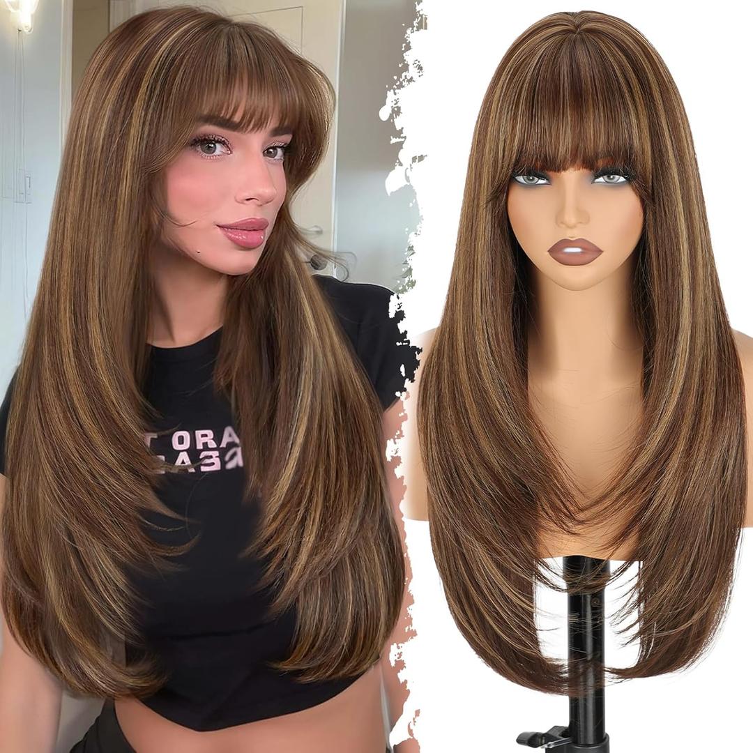Long Brown Wig with Bangs, Brown Mixed Blonde Layered Realistic Wigs for Women, 4x4 Realistic Scalp, Free Parting Synthetic Natural Looking Wigs for Daily Party Cosplay Use 26Inch