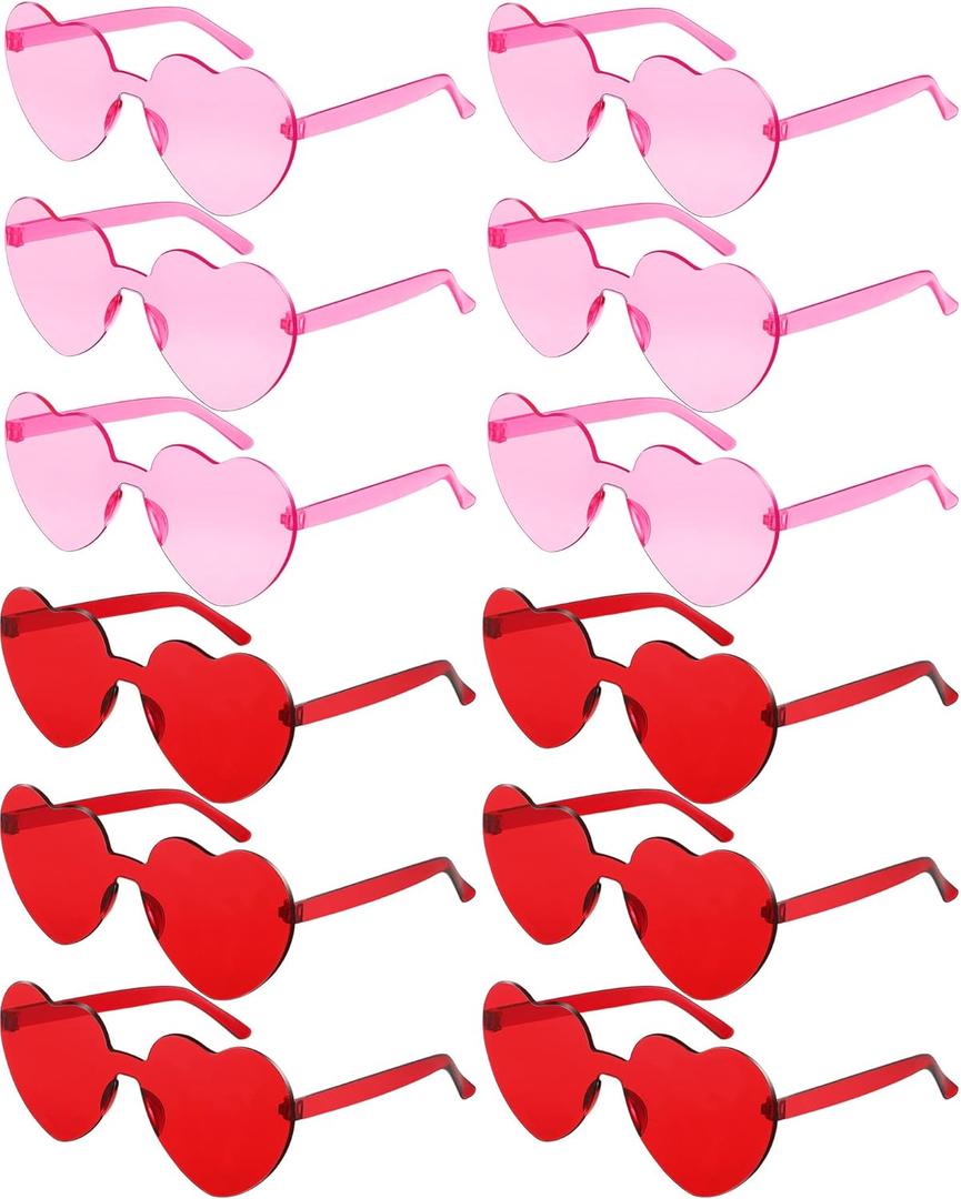 Photect 12 Pair Heart Shaped Sunglasses Neon Color Transparent Heart Glasses for Women Party Favor (Red, Pink)