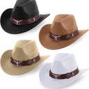 Panitay 4 Pcs Classic Western Cowboy Hat for Men Felt Wide Brim Hats Women Belt Buckle Panama for Adults Kids Party, 4 Colors (Medium, Black, White, Khaki, Dark Khaki)