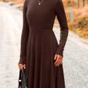 PRETTYGARDEN Women's Fall Short Dress Ribbed Knit Crewneck Long Sleeve A Line Flowy Casual Elegant Going Out Winter Dresses (Brown, S)