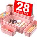 A-LuGei 28PCS Drawer Organizer, Bathroom Organizers and Storage, Makeup organizer, Desk drawer organizer, Storage Bins for Kitchen Office Bedroom Vanity Jewelry Pantry Garage, Pink, 4Size