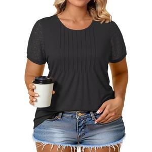 VISLILY Womens-Plus-Size-Summer-Tops Trendy Puff Short Sleeve T Shirts Cute Flowy Pleated Blouses Casual Crewneck Tunics Tee Black 2XL