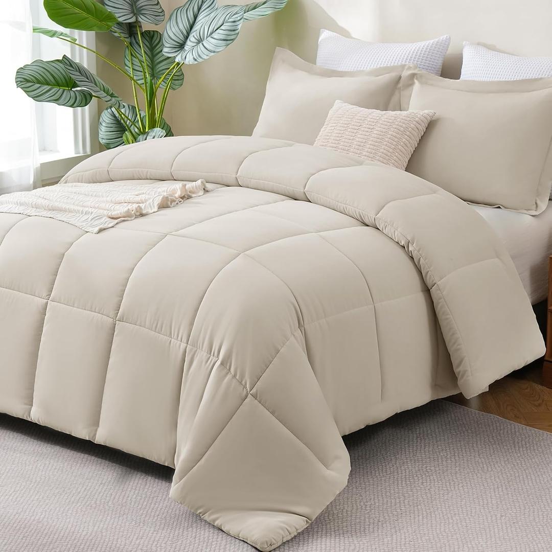 CozyLux Queen Size Comforter Sets Beige - 3 Pieces Box Stitched Queen Bed Set for All Seasons, Soft Lightweight Bedding Sets with 1 Down Alternative Comforter and 2 Pillow Shams