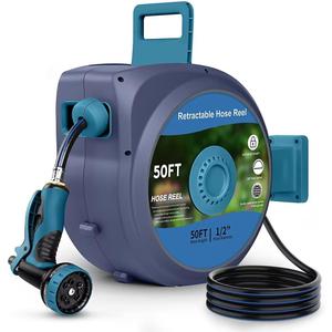 Retractable Garden Hose Reel, Wall-Mounted Hose Reel 1/2 in x 50 ft, Slow Retraction System, Any Length Lock, 180Swivel Water Hose Reel with 10 Function Nozzle