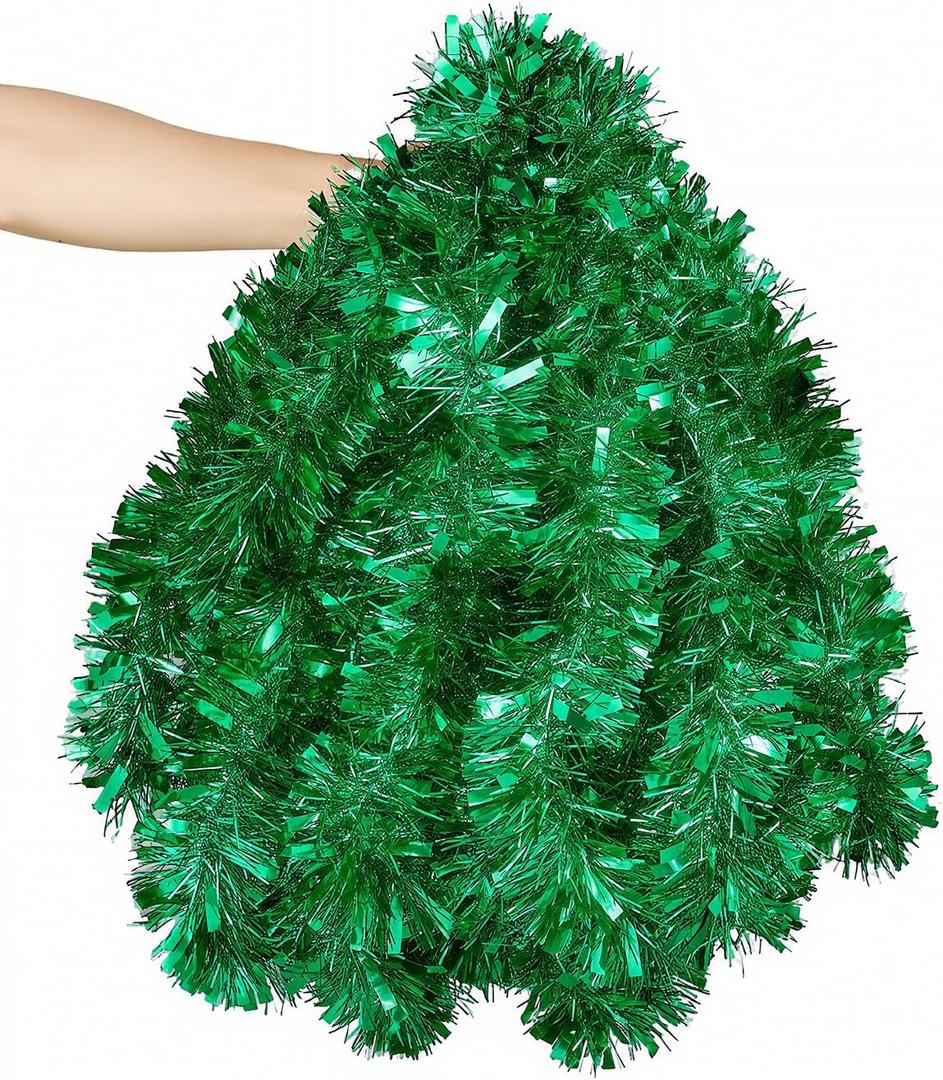 50FT Christmas Tinsel Garland, Green Thick Metallic Twist Garland for Xmas Tree, Holiday Party Decorations, Shiny & Flexible Indoor Outdoor Festive Streamers for Mantel, Stairs & DIY Crafts