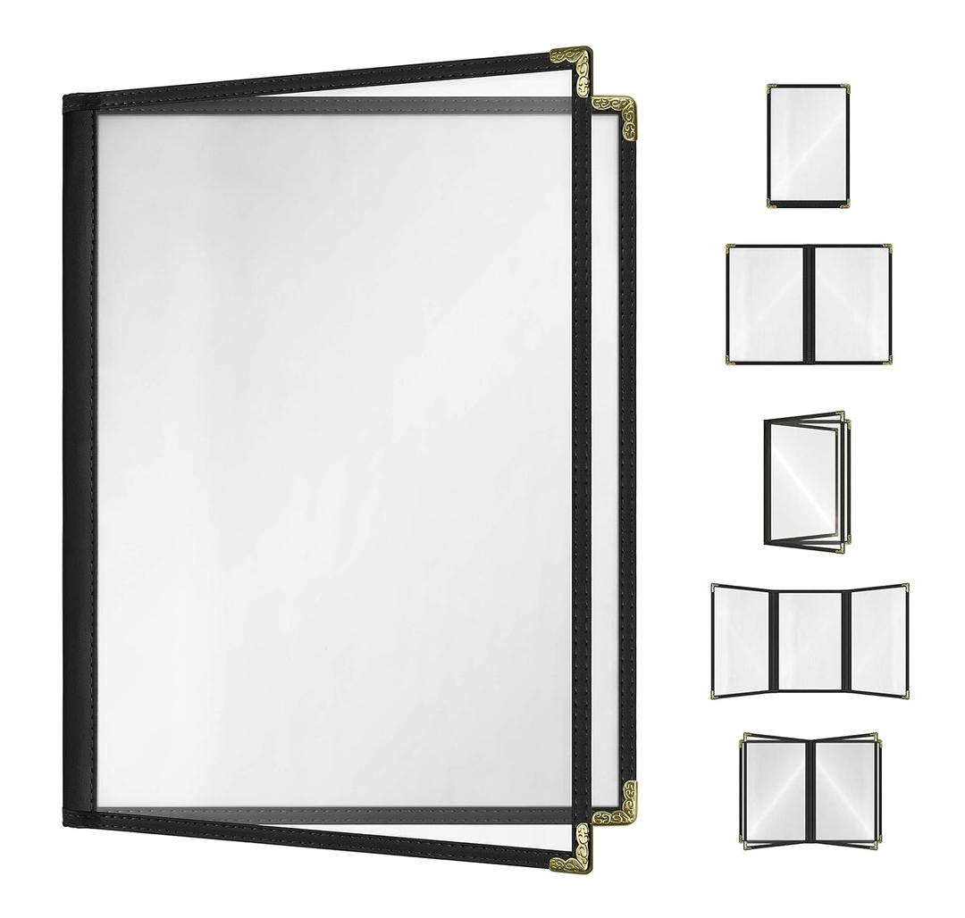 25 Pack Goodsmart Cafe Style Restaurant Menu Cover, 8.5x11 Side-Loading Double Stitched Edge Menu Sleeve, Crystal Clear Vinyl Menu Holder with Gold Decorative Corners (Black, 2 Pages / 4 Views)