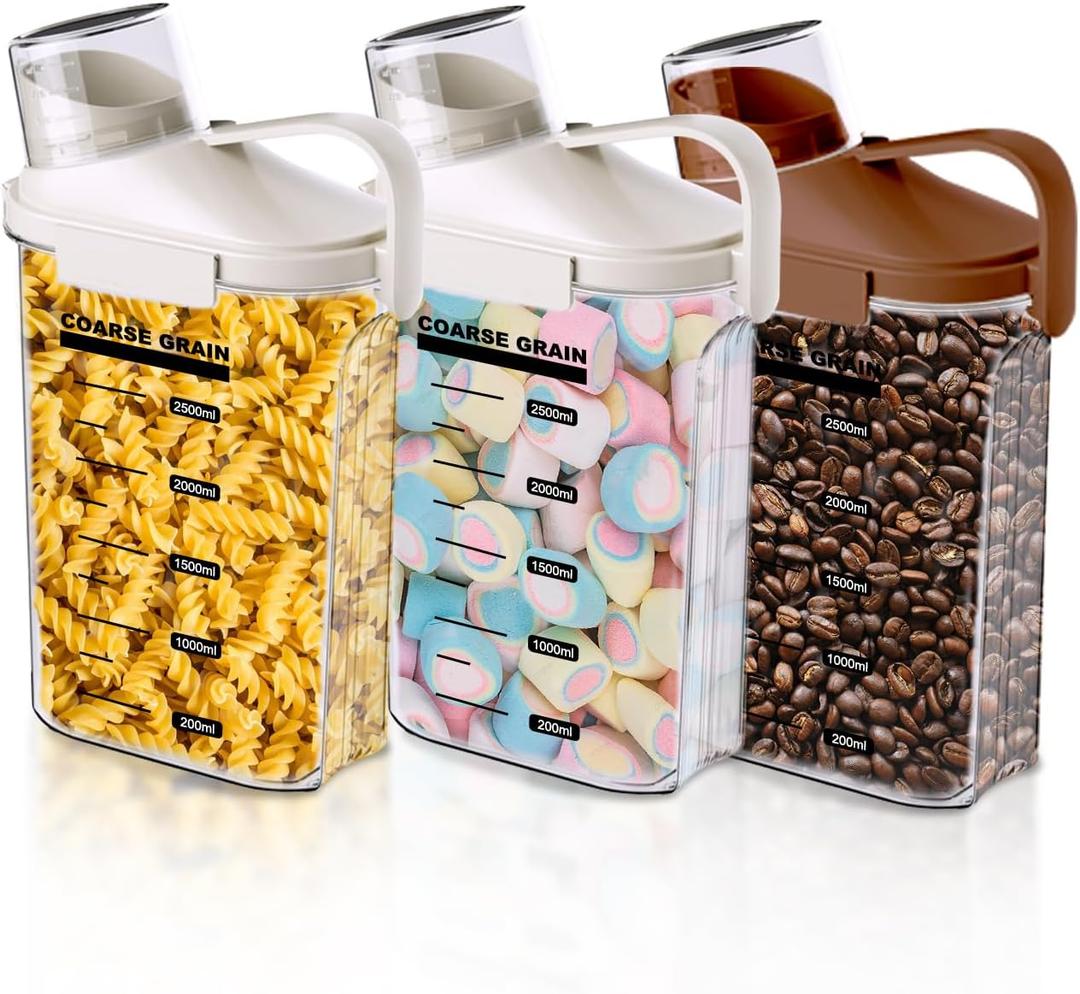 Pack of 3 Airtight Food Storage Containers Cereal & Dry Food Storage Container Set with Handles and Lids Clear Plastic Containers for Kitchen Cabinet Pantry Organization, 5.51LBS Rice Dispenser, Bpa Free ((2*White+Brown)-2.5L/4.2LBS-(3 PCS)) Pack of 3 Airtight Food Storage Containers Cereal & Dry Food Storage Container Set with Handles and Lids Clear Plastic Containers for Kitchen Cabinet Pantry Organization, 5.51LBS Rice Dispenser, Bpa Free ((2*White+Brown)-2.5L/4.2LBS-(3 PCS))