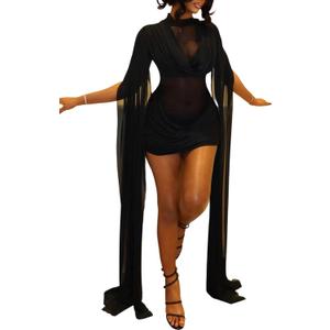 Geulis Womens Sexy Mesh Mini Cocktail Dresses Sheer Cloak Sleeves Mock Neck Ruched Bodycon Wedding Guest Dress Party Club, Black S
