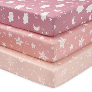 Baby Mini Crib Sheets Girl, Portable 38x26 Pack and Play Sheets Fitted for Playard and Pack N Play Mattress, 3-Pack Soft Microfiber Pink Stars