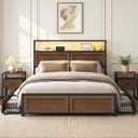 KISLOT 3PCS Bedroom Set with Storage, Industrial Bed Frame, Walnut, Queen