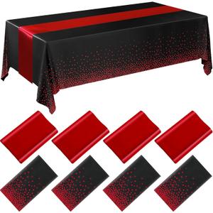 Breling 8 Pack Black and Red Disposable Plastic Tablecloths and Satin Table Runner Set, 54 x 108 Inch Tablecloth, 12 x 108 Inch Table Runners for Wedding Graduation Birthday Baby Shower