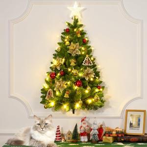 3 FT Wall Christmas Tree, Dark Green Half Christmas Tree Wall Hanging, DIY 1/2 Chrismas Tree for Window with Lights, Ornaments and Hooks, Hainging Xmas Tree for Door, Pet Owners Xmas Decor