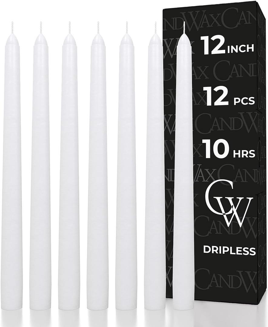 CANDWAX 12 inch White Taper Candles - Set of 12 Candle Sticks Ideal for Christmas Decorations - Dripless Smokeless Long Burning Unscented White Candlesticks - Tapered Christmas Candles for Home Decor
