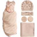 Newborn Receiving Blanket with Bow Hat Headband Wooden Card Set Wheat-Pattern Newborns Toddler Baby Boy Girl Nursery Swaddle Wrap