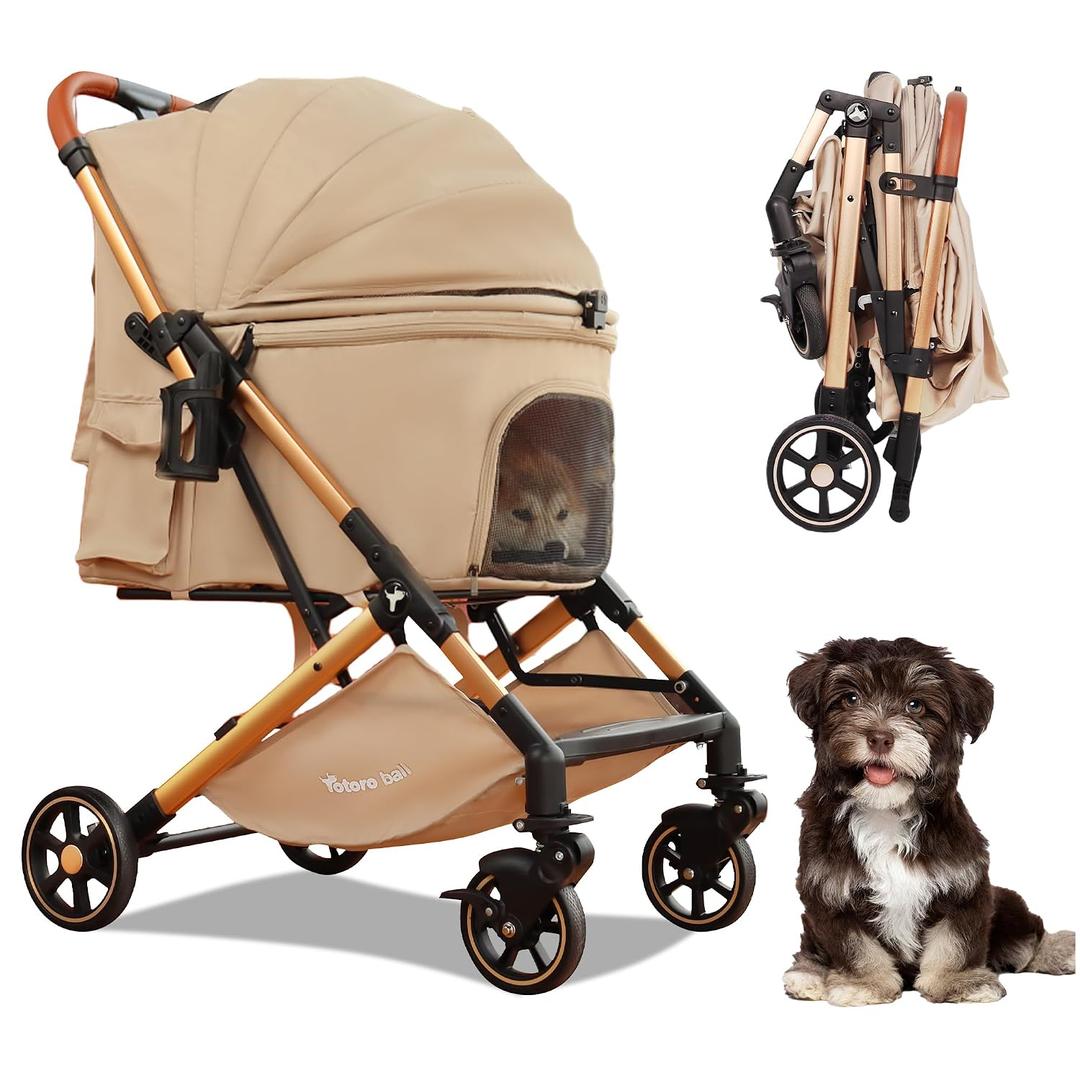 Pet Stroller with One-Click Folding & Storage Basket, for Small and Medium Dogs Up to 44lbs, Secure Zip Mesh Entry, Breathable & Washable for Cats,beige, Standard