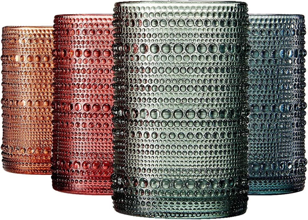 Khen Hobnail Beaded Highball Drinking Tumbler Glasses | Set of 4 | Color, Vintage Bubble Design Whiskey Glassware, Old-Fashioned, Embossed Design for Water, Cocktail Embossed, Rocks Glass (Muted Pastel Highball)
