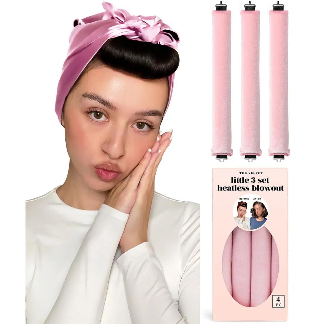 YOSHUYUKI Little Velvet Overnight Blowout 3 Rods Heatless Hair Curler to Sleep in Satin Heatless Curls No Heat Hair Rollers for Short Hair Blowout Look Long Hair Styling Tools Light Pink