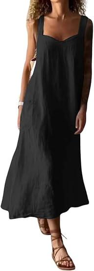 chouyatou Women's Summer Spaghetti Strap Sleeveless Linen Overall Dress Casual A-Line Midi Long Beach Dress, Black, L