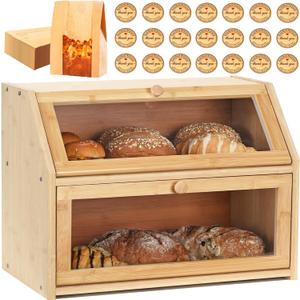 Bread Box for Kitchen Countertop Double Layer,Wooden Bread Storage Bin,Bread Storage For Homemade (Natural Bamboo)