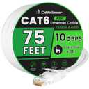Cat6/Cat6A Ethernet Cable 75FT, 10Gbps, Flat LAN Cable, White