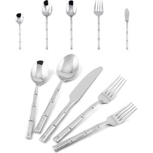 Flatware Serving Set Silverware Set Stainless Steel Cutlery Set Bamboo Pattern Mirror Finished 45 Pieces Party Event Use Wedding Housewarming Gift Service for 8
