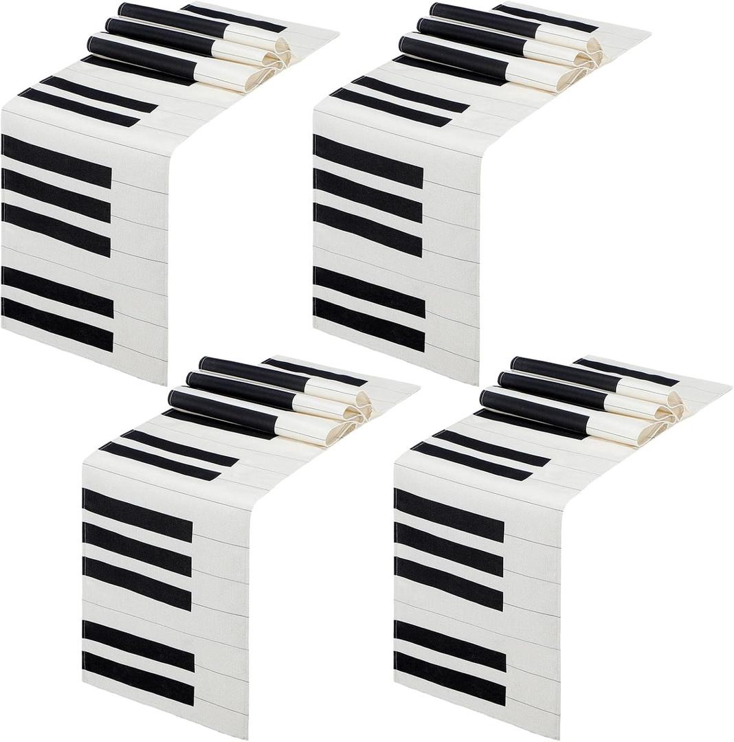 Peryiter 4 Pcs Linen Music Table Runner Musical Notes Piano Table Runner for Music Party Decor for Jazz Wedding Bridal Shower Birthday Patry Supplies, 72'' x 13'' (Piano Style)