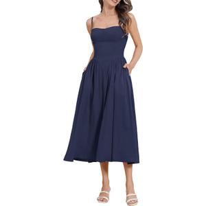 Women Floral Corset Dress Boho Spaghetti Strap Lace Up Casual Midi Dresses with Pockets Low Cut Flowy Bustier Sundress (X-Small, Navy Blue)