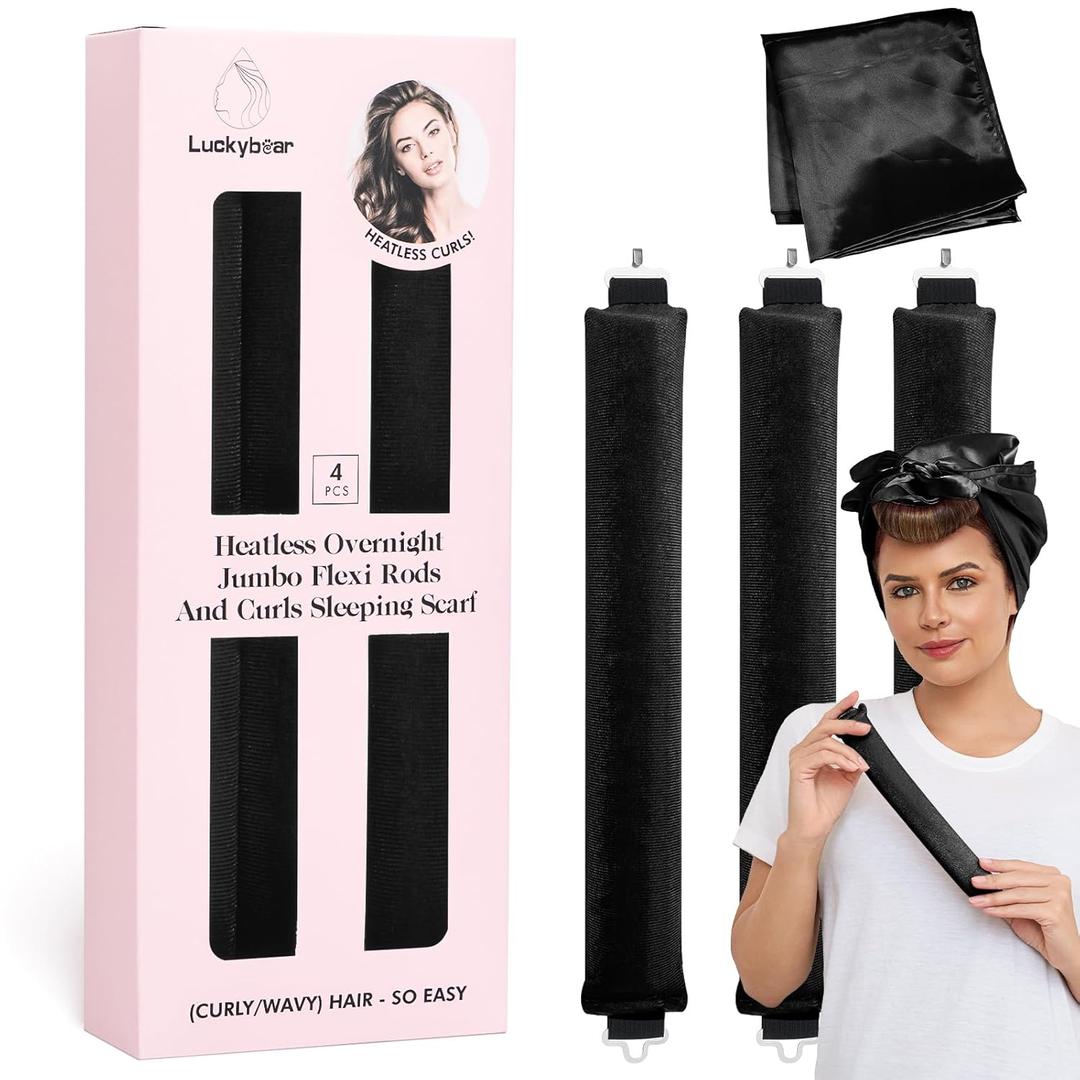 Overnight Heatless Hair Curler Jumbo Set, Overnight Rods for No Heat Curls - Velvet Satin Flexi Rods Sleep in Curlers Blowout, Hair Styling Accessories with Silk Scarf 4pcs Black