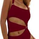 YIMISAN Women's One Piece Swimsuit Ring Cut Out Front High Cut Cheeky Bathing Suit Monokini Swimwear (Wine Red)