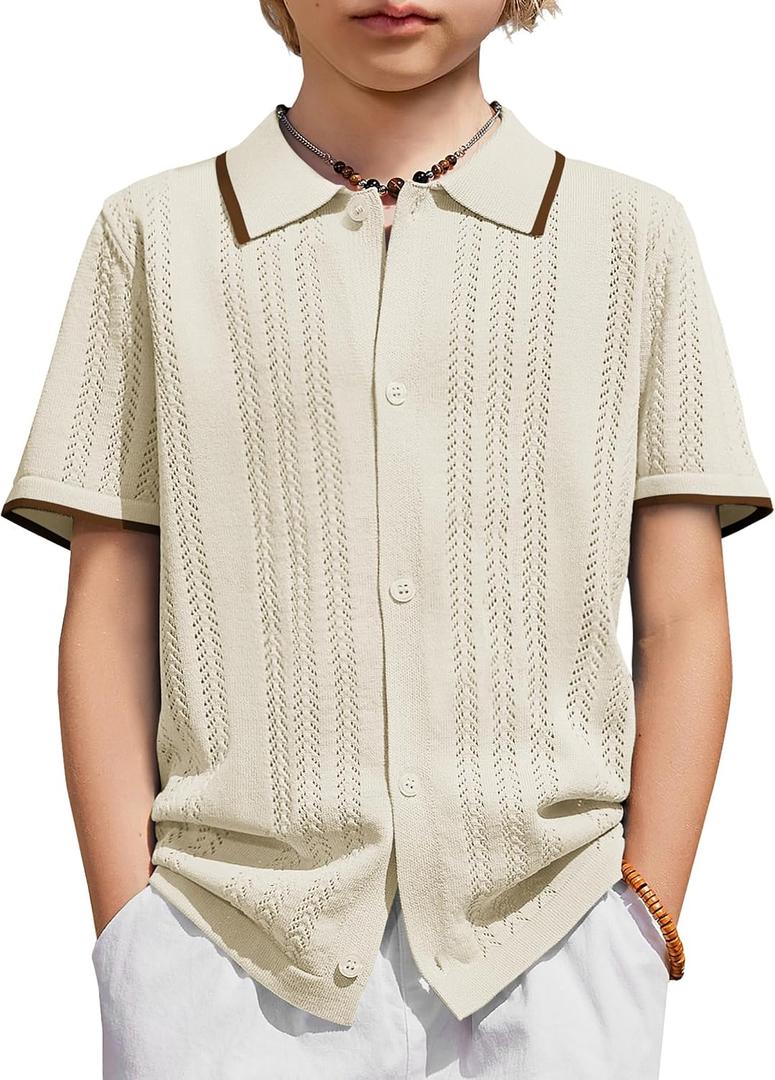 Arshiner Boys Button Down Shirt Short Sleeve Knit Shirt Summer Vintage Fashion Casual Beach Shirts for Kids 7-8 Years (Beige)