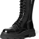 DREAM PAIRS Women's Combat Boots Lace up Mid Calf Boots Low Heel Chunky Platform Lug Sole Riding Boots (7, Black)