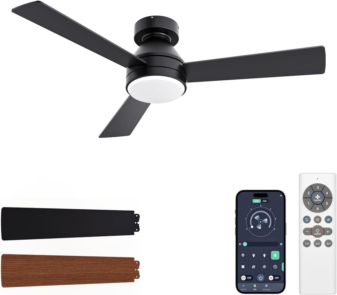 VOLISUN Ceiling Fans with Lights Flush Mount, 42 inch Low Profile Ceiling Fan with Light and Remote, Queit & Reversible Motor,3CCT, Dimmable, Black Modern Ceilings Fans for Bedroom, Living Room