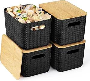 Ohmlove 4 Packs Storage Bins with Bamboo Lids  Plastic Storage Containers with Lids Stackable Storage Box: Storages Baskets for Organizing Desktop Closet Playroom Classroom Office, Black
