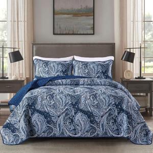 DJY Navy Paisley Quilt Set King Boho Bedspread Coverlet Set 3 Pieces, Soft Lightweight Microfiber Navy Blue Paisley Floral Pattern Bedding for All Season, 110"x90"