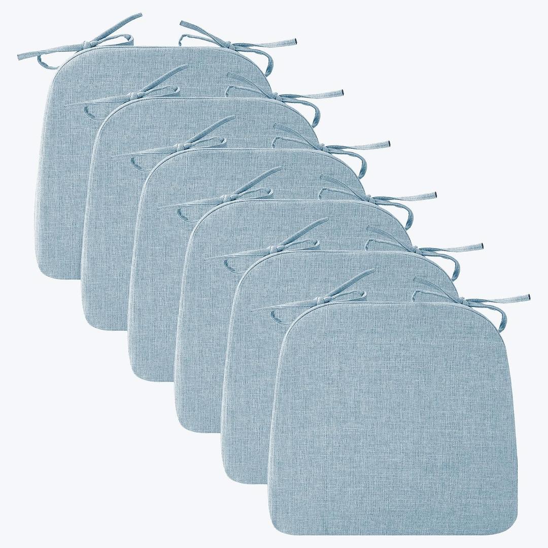 Ruqmuis Chair Cushions for Dining Chairs, 2" Thick Seat Cushions for Kitchen Chairs, D-Shaped Chair Pads with Washable Cover, Ties and Non Slip Backing, 17'' x 16'', Set of 6, Light Blue
