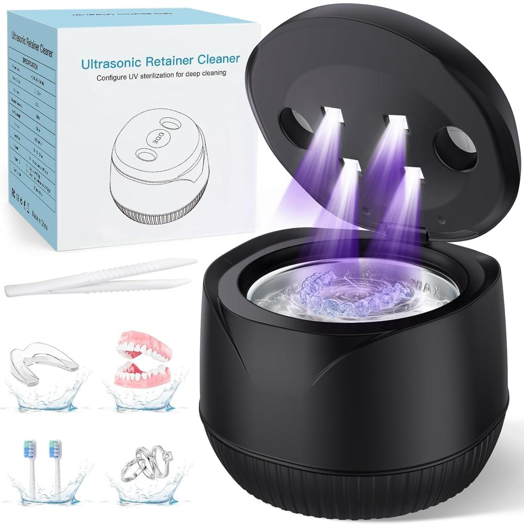 Dental Ultrasonic Retainer Cleaner Machine: 45kHz Dental Cleaning Pod with Digital Timer & 200ML, Cleaning for Dentures, Mouth Guards, Aligners, Night Guards, Braces, Toothbrush Heads & Jewelry, Black