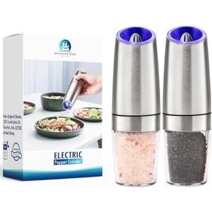 Gravity Electric Salt and Pepper Grinder Set of 2, Battery Powered Automatic Pepper Mill Grinder, One Hand Operation Adjustable Coarseness Blue LED Light (Silver)