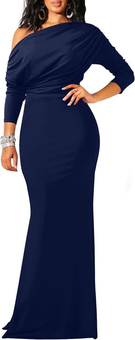 YMDUCH Women's Sexy Elegant Long Sleeve Off Shoulder Bodycon Long Evening Formal Dress (Blue, L)