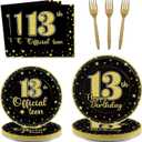 96 Pieces 13th Birthday Tableware Set Official Teenager 13th Disposable Plates Black Gold Birthday Party Plates Napkins Forks for Teenager Boys Girls 13 Year Old Party Favor 24 guests