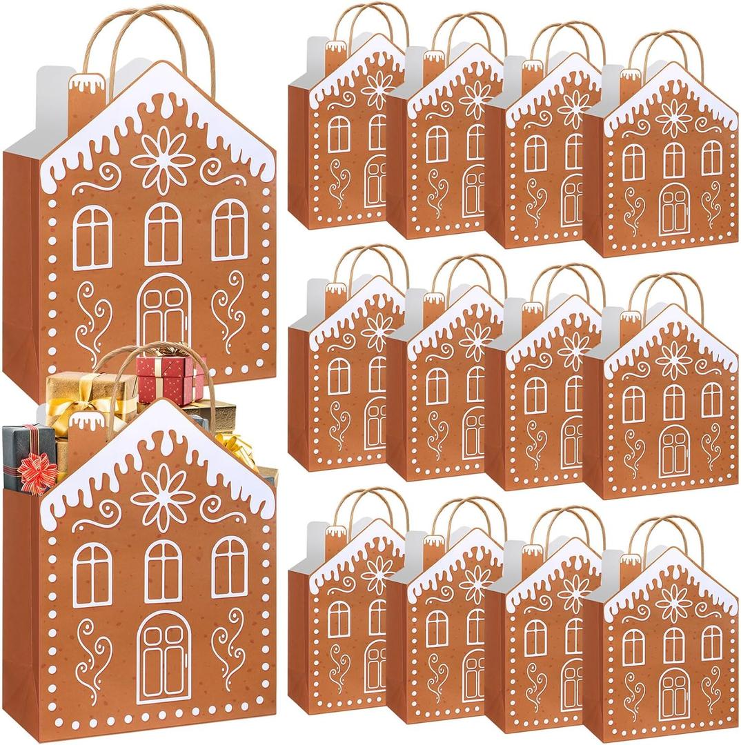 Kolldenn 24 Pcs Kraft Christmas Gingerbread Paper Gift Bags with Handles Reusable Gingerbread House Shaped Goodies Treat Candy Bags Bulk 10.6 x 3.1 x 7.1 Inch for Wrapping Holiday Xmas Party Favors