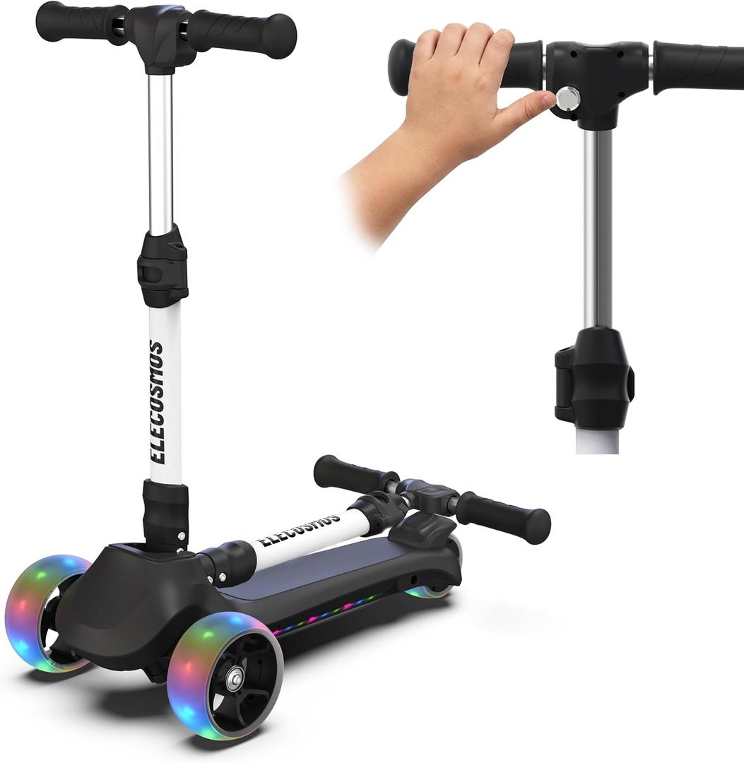 ELECOSMOS Safe Electric Scooter for Kids 4+, Balance for Beginner, Thumb Throttle, Flash Deck, Extra Wide Light Up Big Wheels, Adjustable Heights, 5 MPH Safe Speed