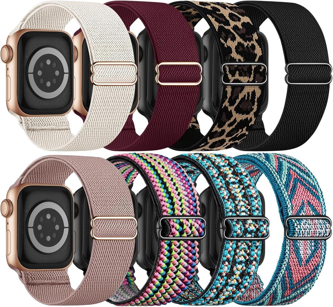 8 Pack Stretchy Solo Loop Band Compatible with Apple Watch Bands for Women Men 40mm 38mm 41mm 42mm 44mm 45mm 46mm 49mm, Nylon Braided Strap for iWatch Series 11 10 9 8 7 6 SE 5 4 3 Ultra 3 Ultra 2 (Black/Pink/Red/Starlight/Boho Green/Green Arrow/Boho Rainbow/Yellow Leopard)