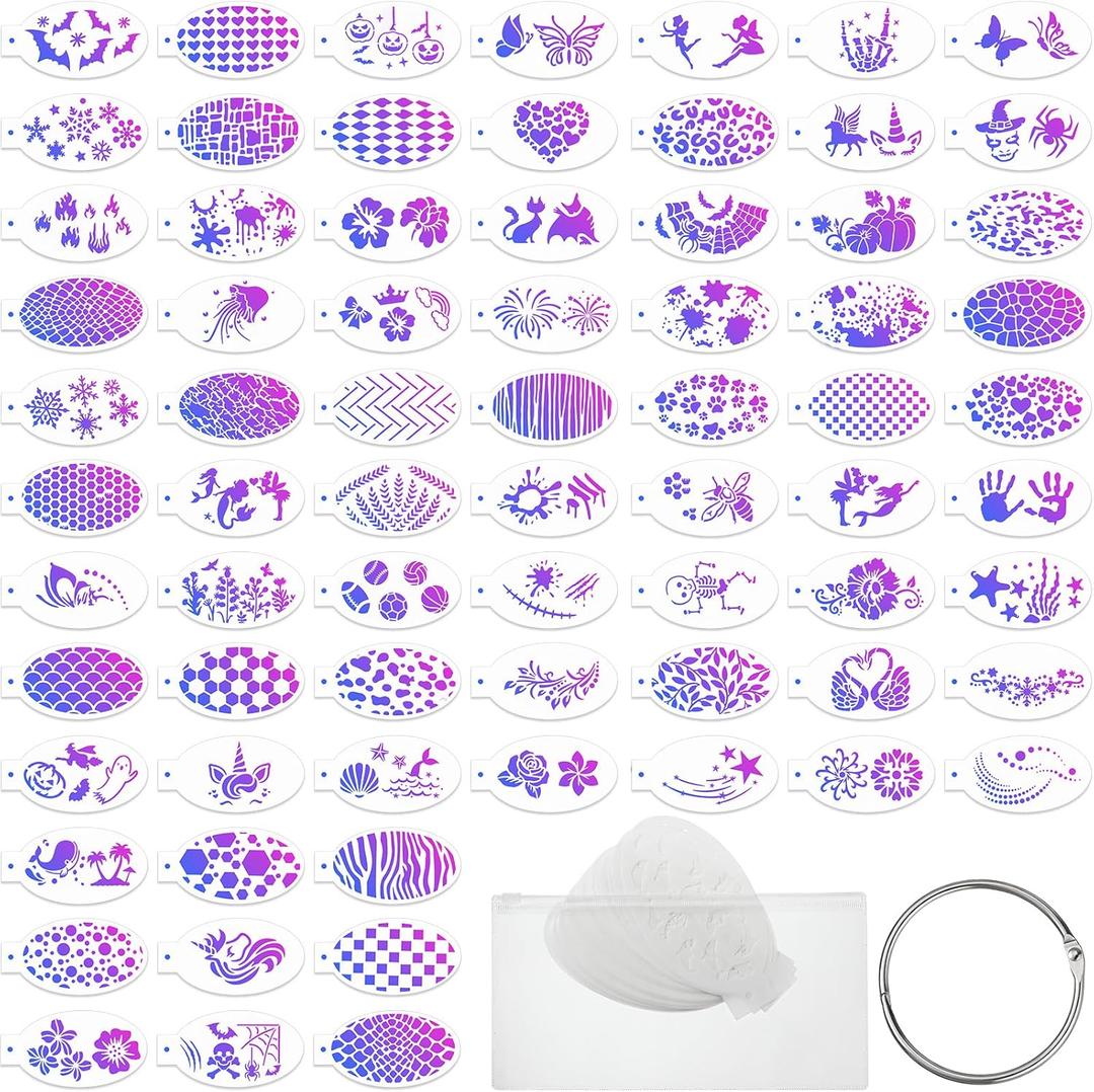 Fulmoon 72 Pcs Face Paint Stencils Reusable Face Painting Stencils Body Painting Makeup Tattoos with Storage Bag and Binder Ring for Kid Adult Halloween Party Art(Vintage)