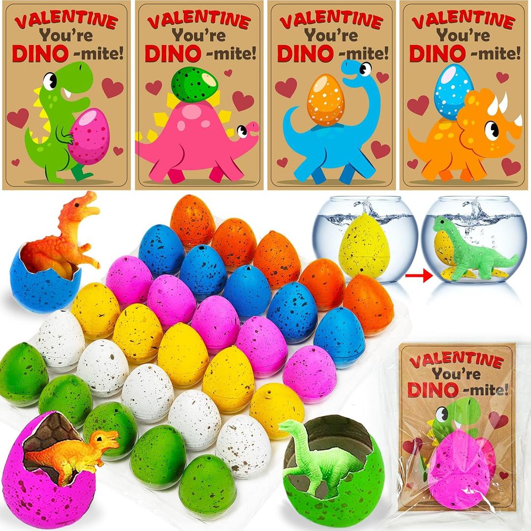 30 Pack Valentines Day Gifts for Kids, Dinosaur Egg Hatching with Valentines Cards for Kids Classroom Class Exchange School Prizes Toddler Girls Boys Funny Dino Valentines Cards Party Favors Gift